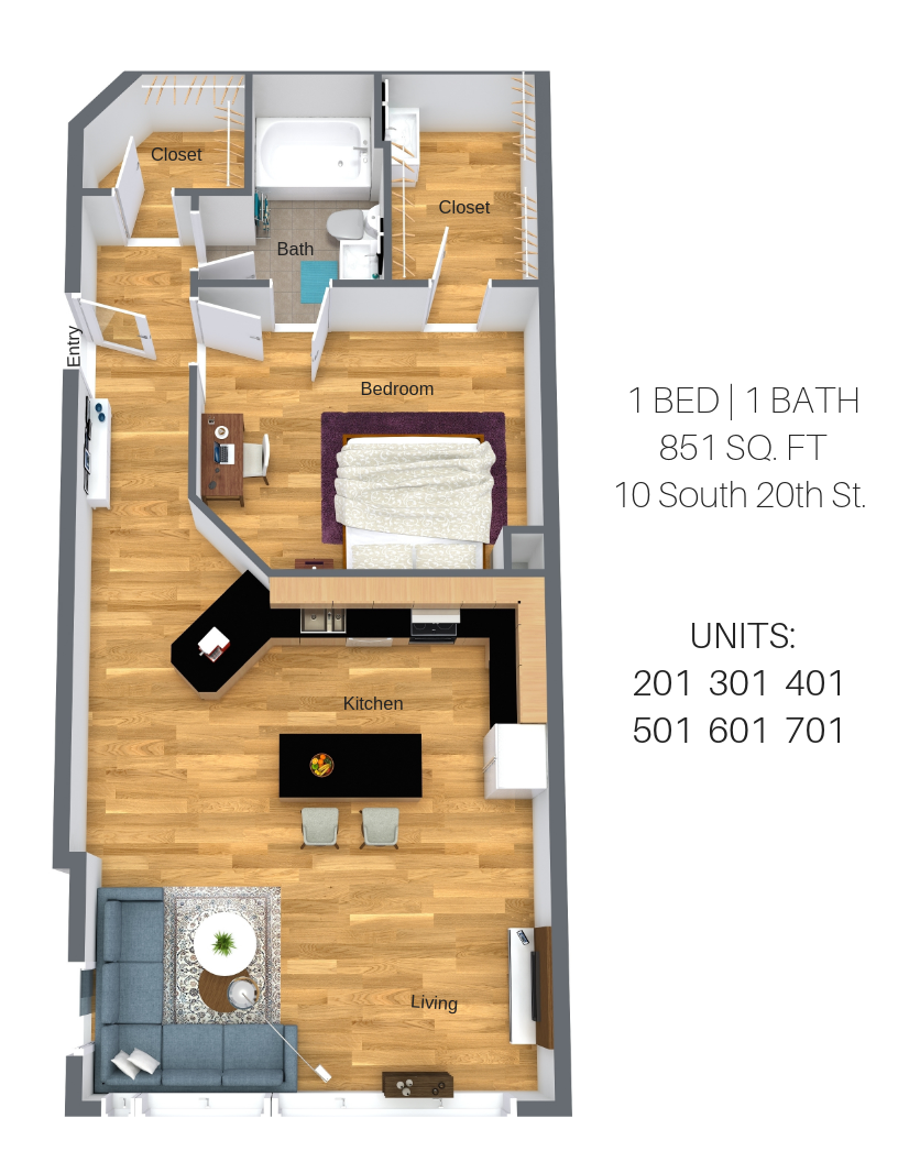 Floor plan for 1 bed, 1 bath, 1041 sqft